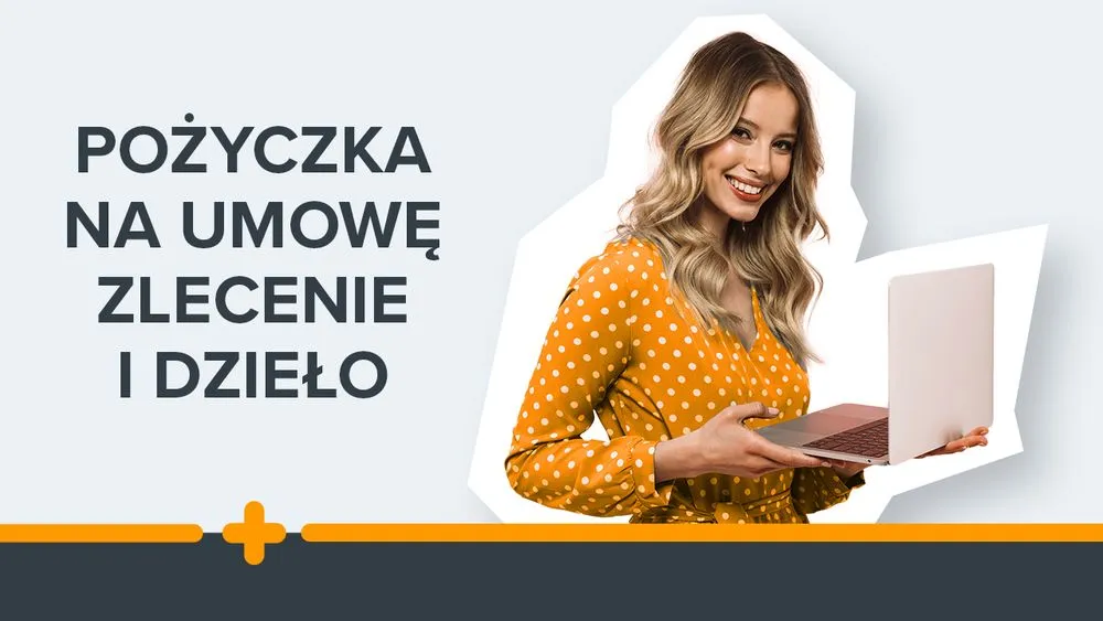 Uśmiechnięta kobieta w żółtej sukience z laptopem na tle hasła „pożyczka na umowę zlecenie i dzieło”